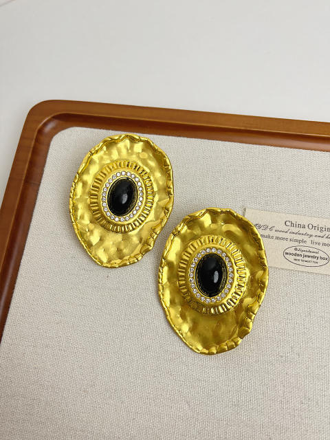 Vintage oval stone inlaid big metal studs earrings