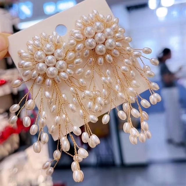Hand-Woven Copper Wire Snowflake Earrings Exaggerated Pearl Earrings