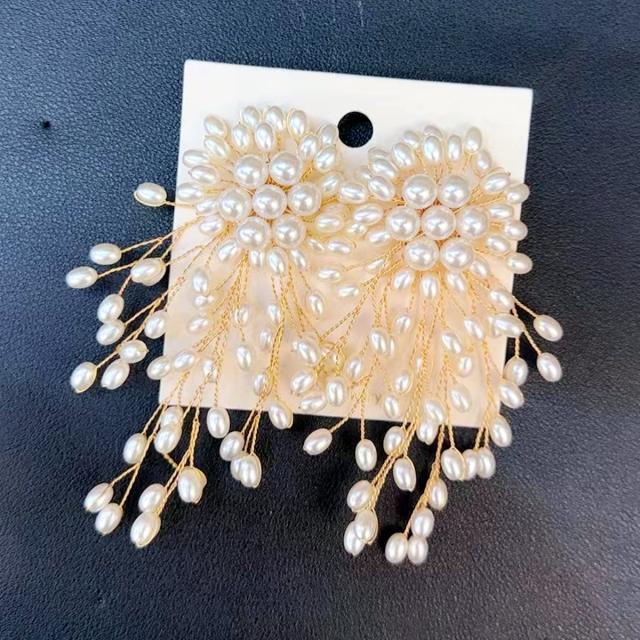 Hand-Woven Copper Wire Snowflake Earrings Exaggerated Pearl Earrings