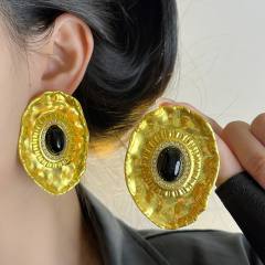 Vintage oval stone inlaid big metal studs earrings