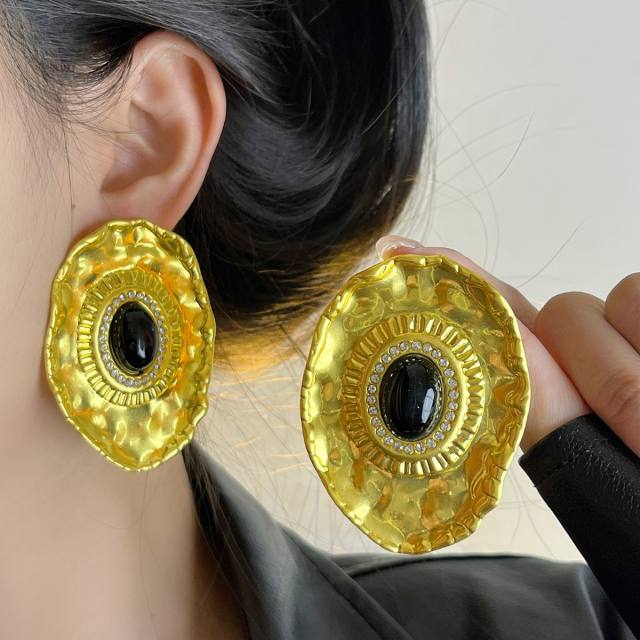 Vintage oval stone inlaid big metal studs earrings