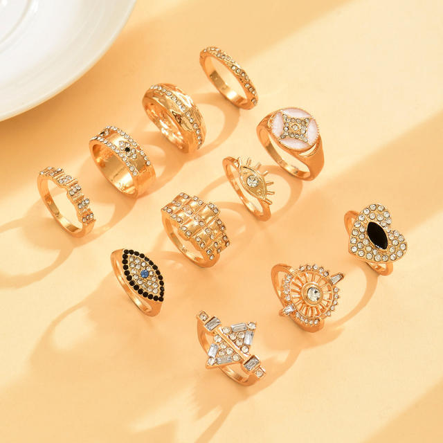 Vintage geometric rhinestone evil eye alloy stackable rings