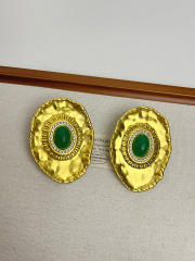 Vintage oval stone inlaid big metal studs earrings