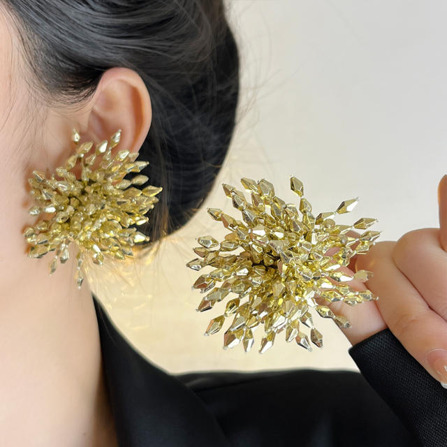 Exaggerated Big Earrings for Dinner Grey Crystal Beaded Fireworks Earrings