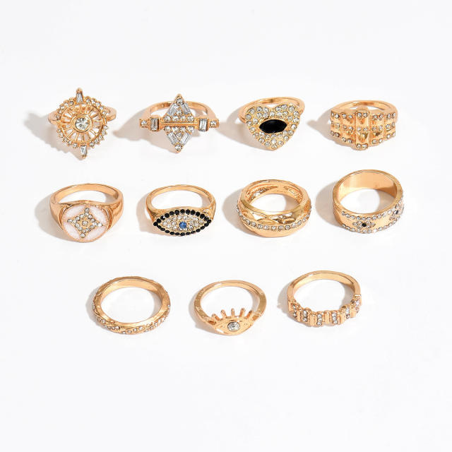 Vintage geometric rhinestone evil eye alloy stackable rings