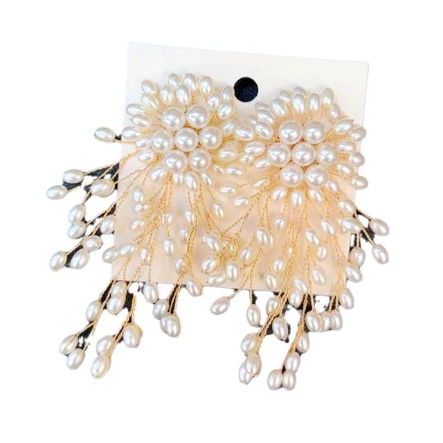 Hand-Woven Copper Wire Snowflake Earrings Exaggerated Pearl Earrings
