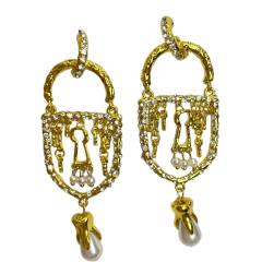 Retro Luxury Design Key Lock Hole Flash Diamond Pearl Tassel Earrings