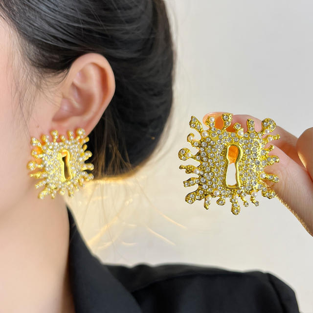 French Parisian Style Square Diamond Keyhole Earrings
