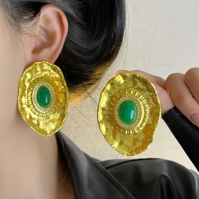 Vintage oval stone inlaid big metal studs earrings