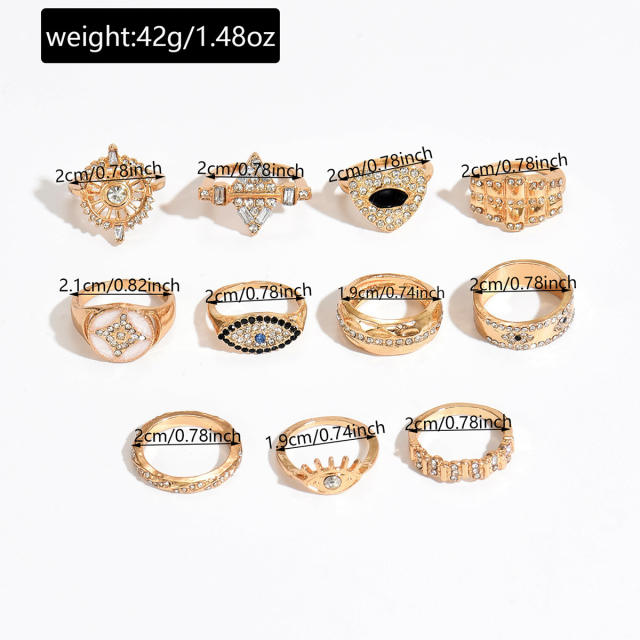 Vintage geometric rhinestone evil eye alloy stackable rings