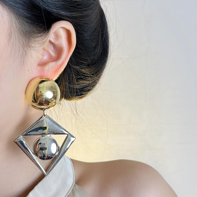 Exaggerated Gold Silver Contrast Geometric Diamond Earrings