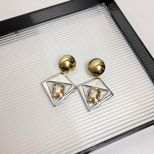 Exaggerated Gold Silver Contrast Geometric Diamond Earrings