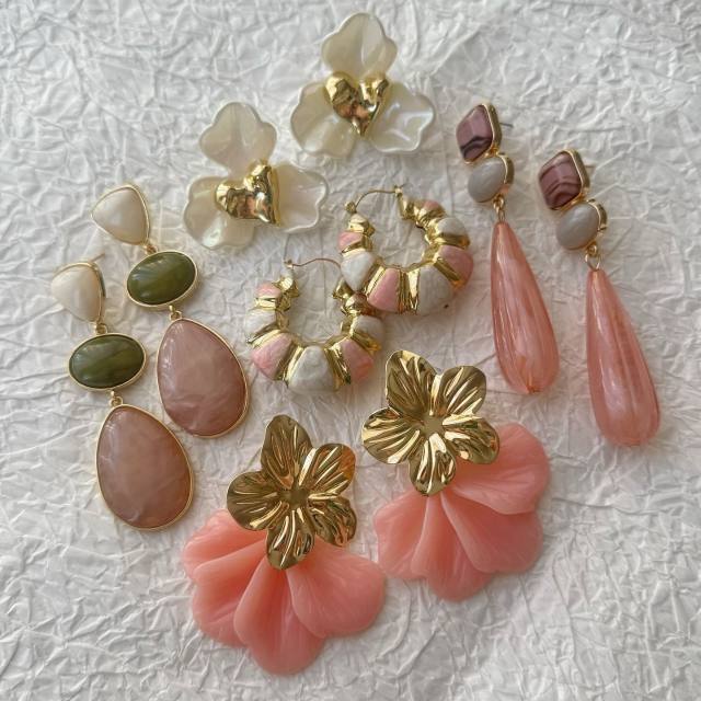 Sweet pink color series enamel flower drop shape earrings collection