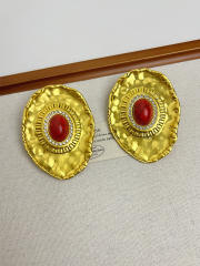 Vintage oval stone inlaid big metal studs earrings