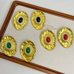 Vintage oval stone inlaid big metal studs earrings
