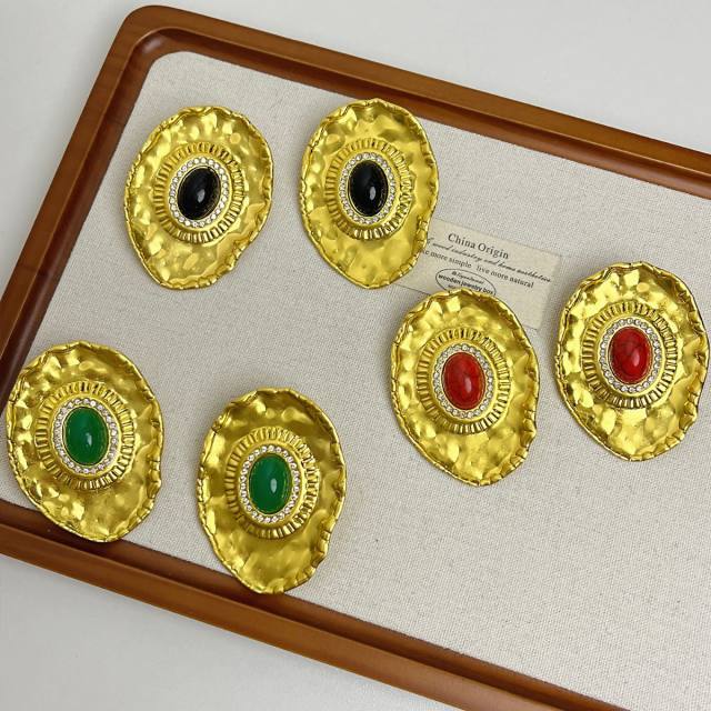 Vintage oval stone inlaid big metal studs earrings