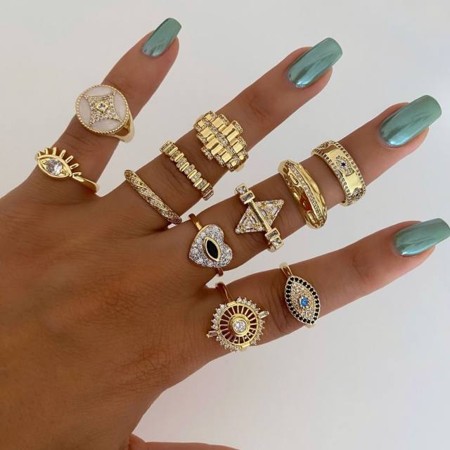 Vintage geometric rhinestone evil eye alloy stackable rings