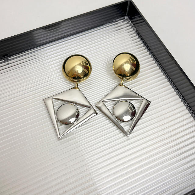 Exaggerated Gold Silver Contrast Geometric Diamond Earrings