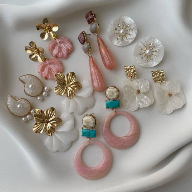 Sweet pink color series enamel flower drop shape earrings collection