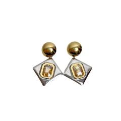 Exaggerated Gold Silver Contrast Geometric Diamond Earrings