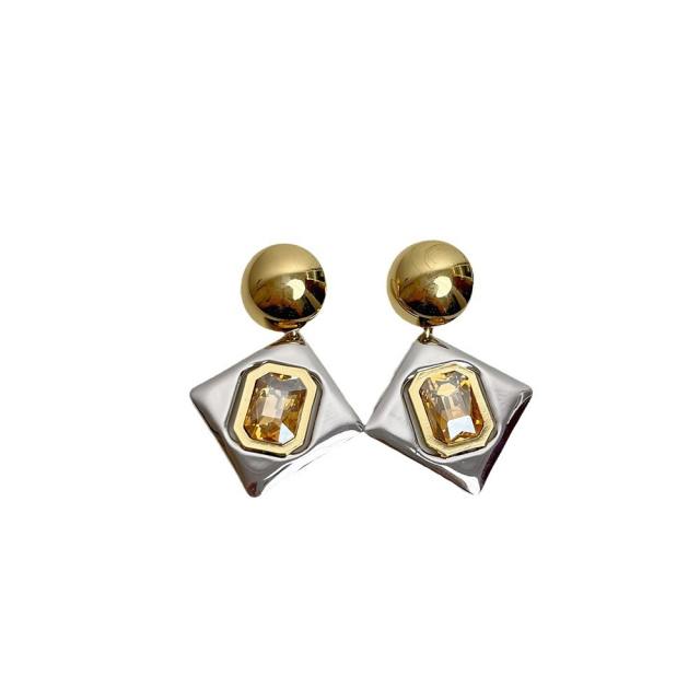 Exaggerated Gold Silver Contrast Geometric Diamond Earrings