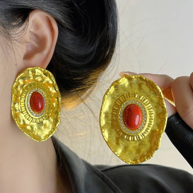 Vintage oval stone inlaid big metal studs earrings