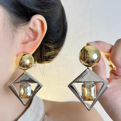 Exaggerated Gold Silver Contrast Geometric Diamond Earrings