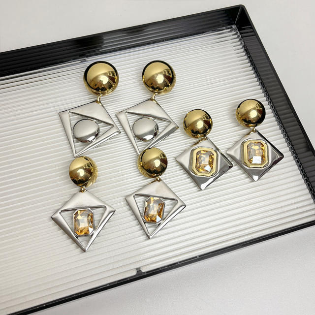 Exaggerated Gold Silver Contrast Geometric Diamond Earrings