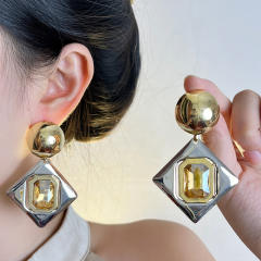 Exaggerated Gold Silver Contrast Geometric Diamond Earrings