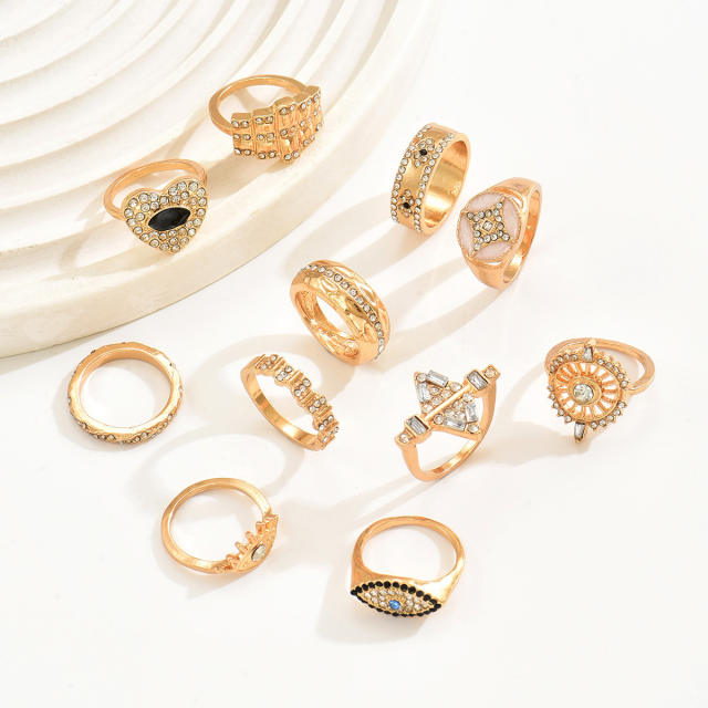 Vintage geometric rhinestone evil eye alloy stackable rings