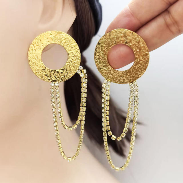 304 Stainless Steel 18K Gold Electroplated Ring-Shaped Diamond Tassel Earrings stainless steel earrings