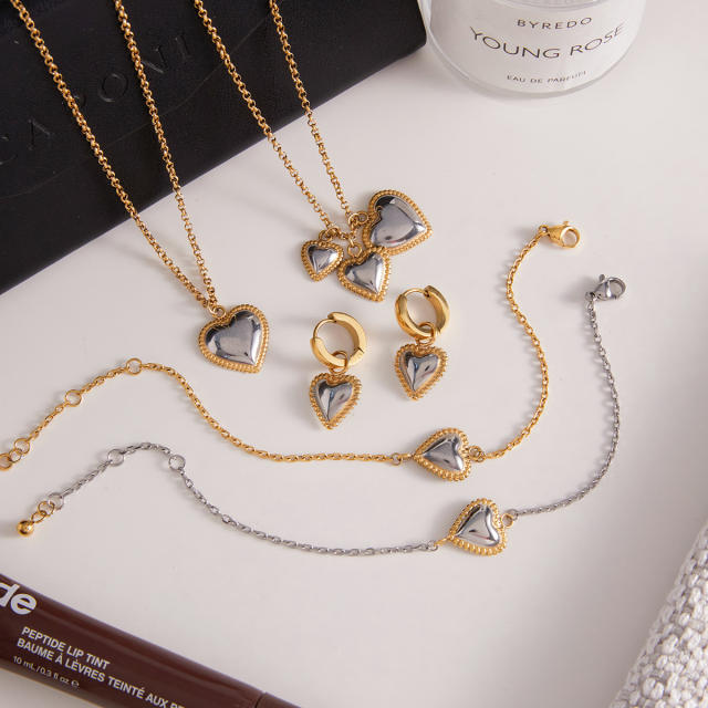 18KG hot sale mix color heart charm stainless steel necklace bracelet set