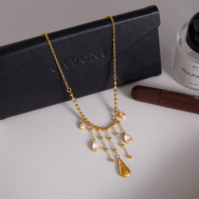 Classic cubic zircon drop charm stainless steel necklace tassel necklace