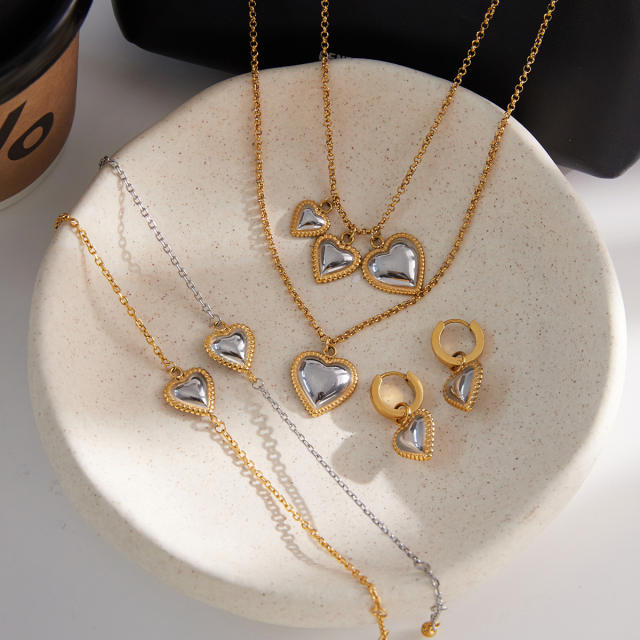 18KG hot sale mix color heart charm stainless steel necklace bracelet set