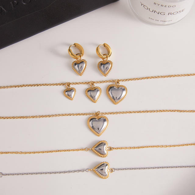 18KG hot sale mix color heart charm stainless steel necklace bracelet set