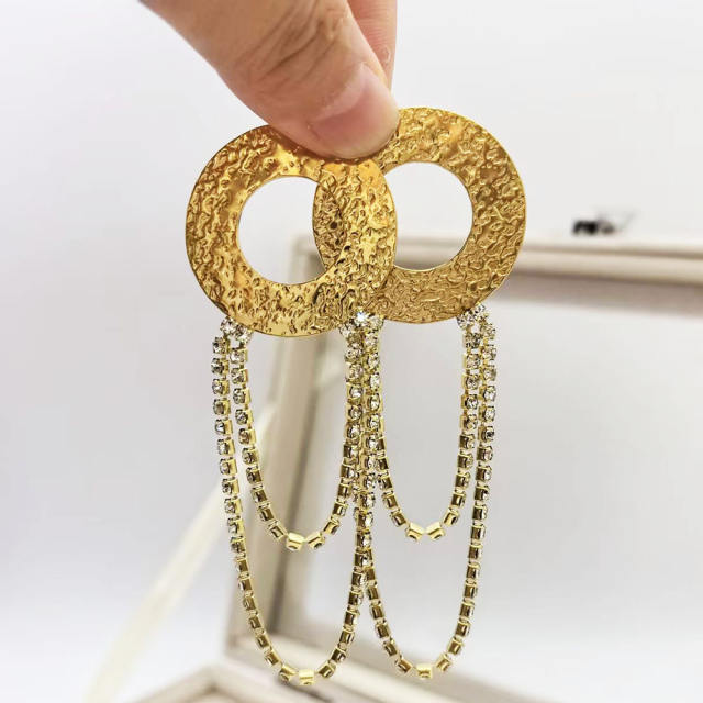 304 Stainless Steel 18K Gold Electroplated Ring-Shaped Diamond Tassel Earrings stainless steel earrings