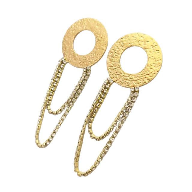 304 Stainless Steel 18K Gold Electroplated Ring-Shaped Diamond Tassel Earrings stainless steel earrings