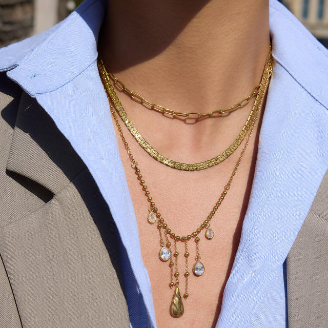 Classic cubic zircon drop charm stainless steel necklace tassel necklace