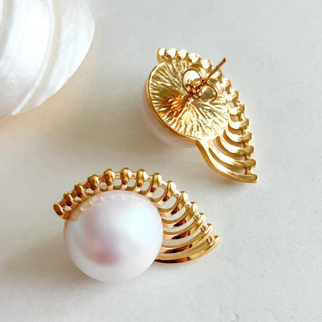 Explosive Oversized Pearl Hollow Scallop stainless steel Earrings Open Ring Set
