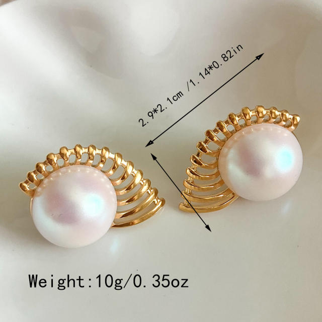 Explosive Oversized Pearl Hollow Scallop stainless steel Earrings Open Ring Set