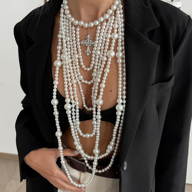 Fashion Show Imitation Pearl Beaded Long Necklace