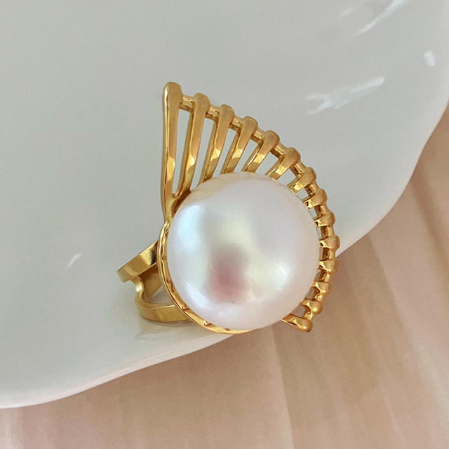 Explosive Oversized Pearl Hollow Scallop stainless steel Earrings Open Ring Set