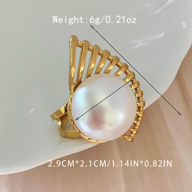 Explosive Oversized Pearl Hollow Scallop stainless steel Earrings Open Ring Set