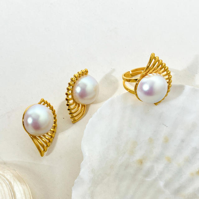 Explosive Oversized Pearl Hollow Scallop stainless steel Earrings Open Ring Set