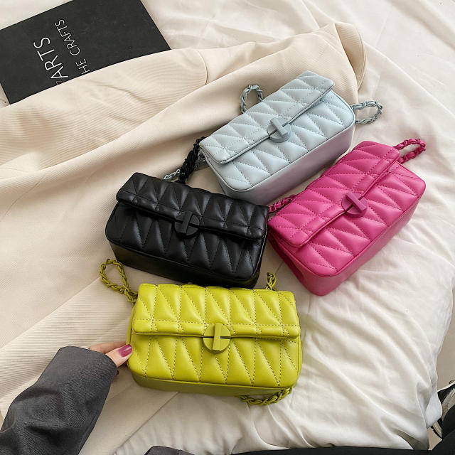 Embroidery Line Small Square Bag Women's Fashionable Soft Leather Lock Chain Shoulder Crossbody Bag