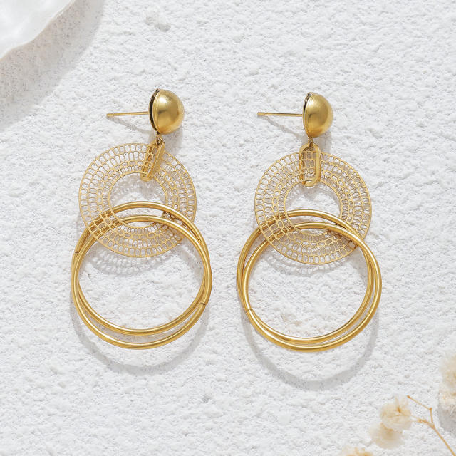 18KG unique circle to circle dangel earrings stainless steel earrings