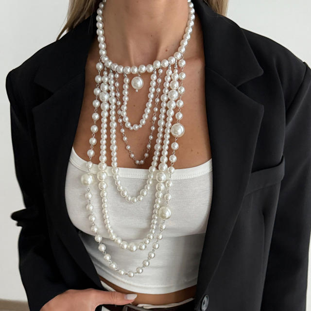 Fashion Show Imitation Pearl Beaded Long Necklace