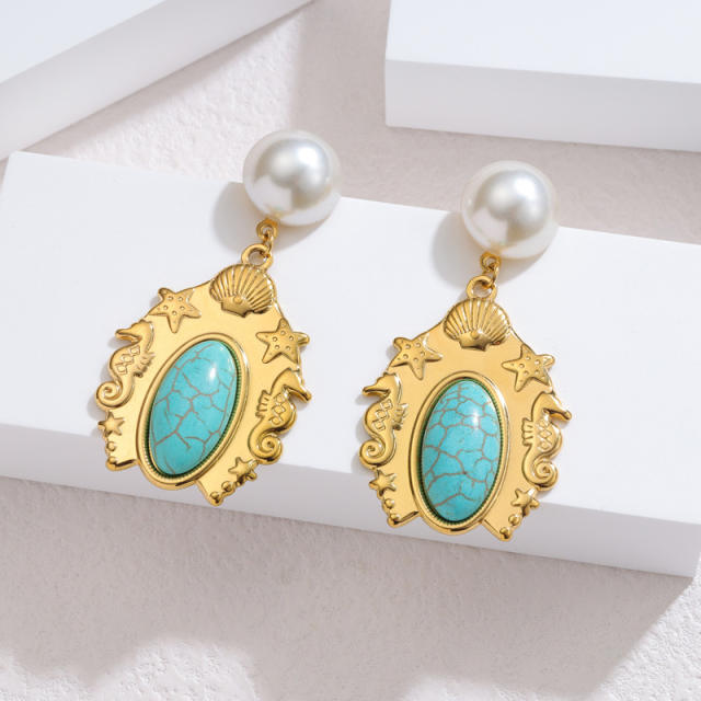 Ins Holiday Style Stainless Steel earrings 18K Gold Turquoise Earrings