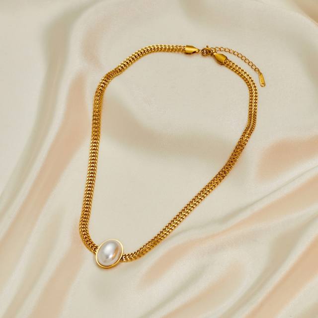 Stainless steel necklace suit women retro temperament Joker oval pearl necklace set