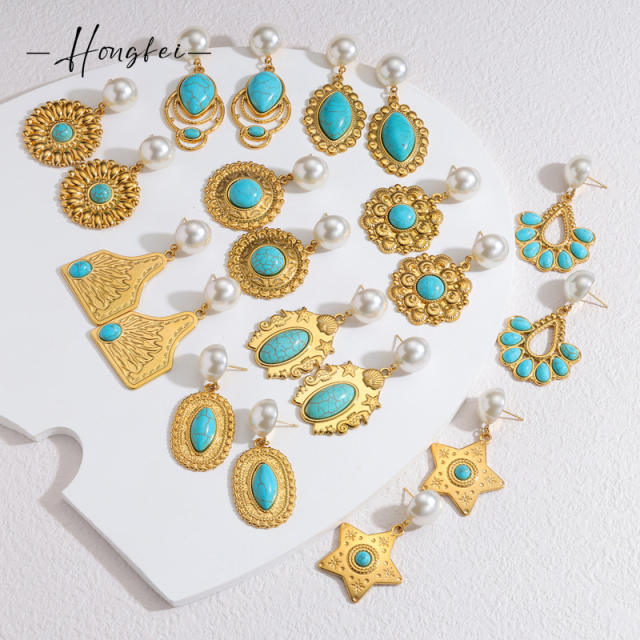 Ins Holiday Style Stainless Steel earrings 18K Gold Turquoise Earrings
